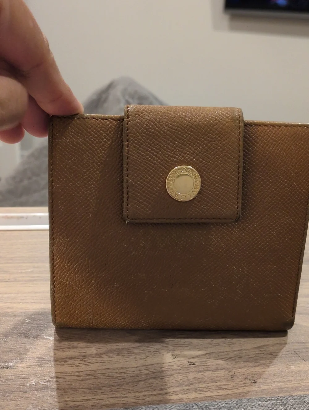 BVLGARI Vintage Classico Leather Compact Bifold Wallet Camel Tan Gold